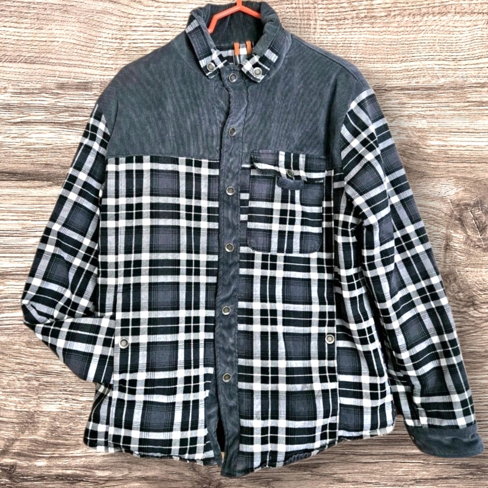 Black & White Plaid Trucker Jacket Flannel Corduroy Sherpa Lined Workwear /L